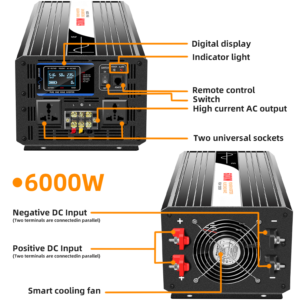 Pure Sine Wave 12V 24V 36V 48V 60V 84V to 100V 110V 120V 230V 240V AC 6000W Solar Inverter for Industrial Automation