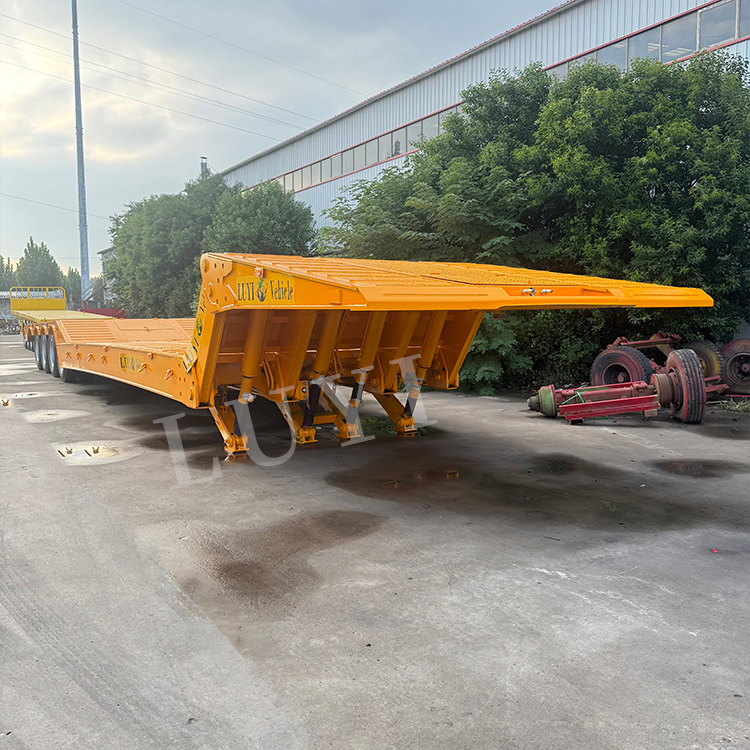 4 Axle 100t Low Bed Truck Trailer for Transporting Large Equipment Machinery Hydraulic Folding Heavy Duty Low Bed Semi Trailer