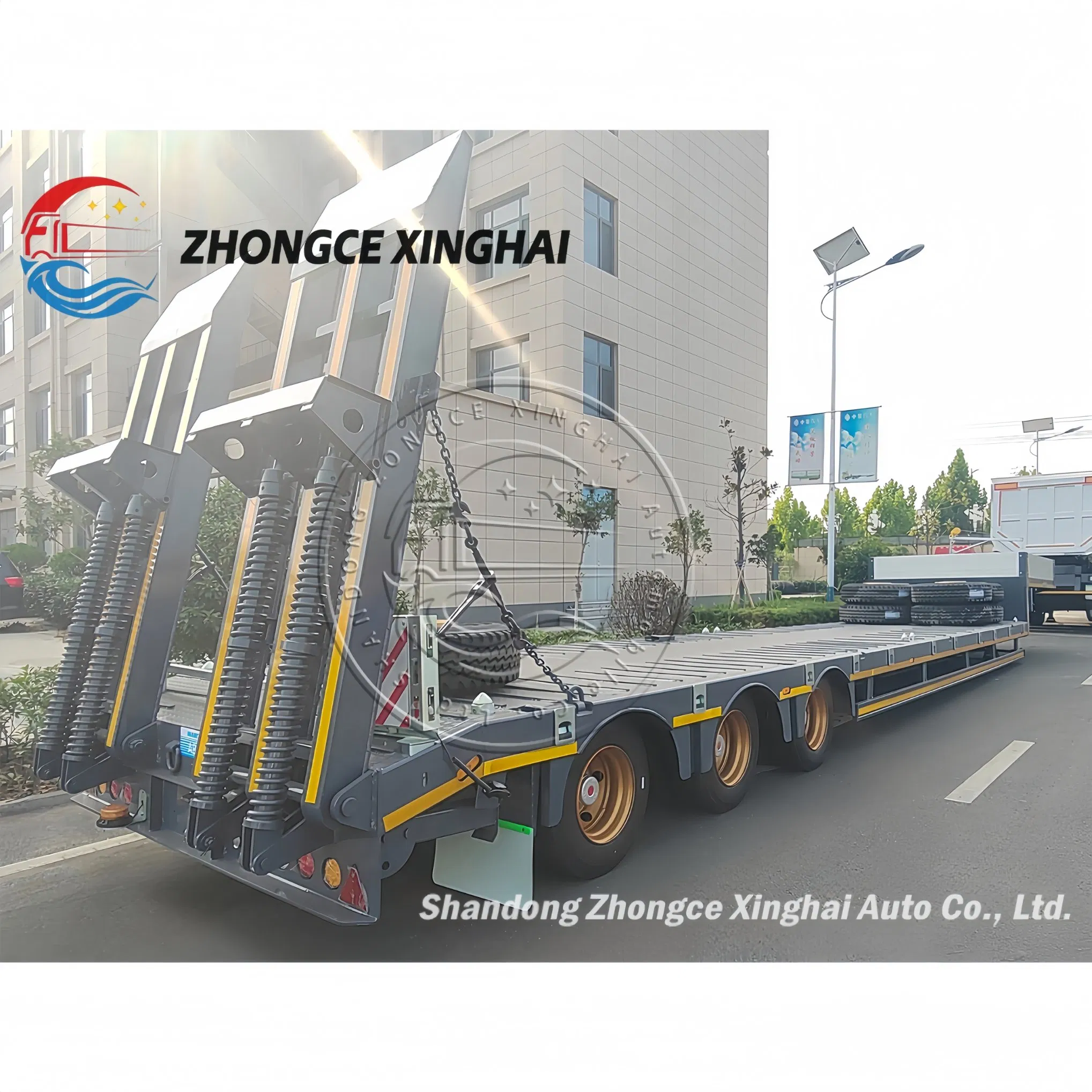 3 Axles 50 Ton Lowboy Flatbed Semi Trailer Utility Heavy-Duty Equipment Transport