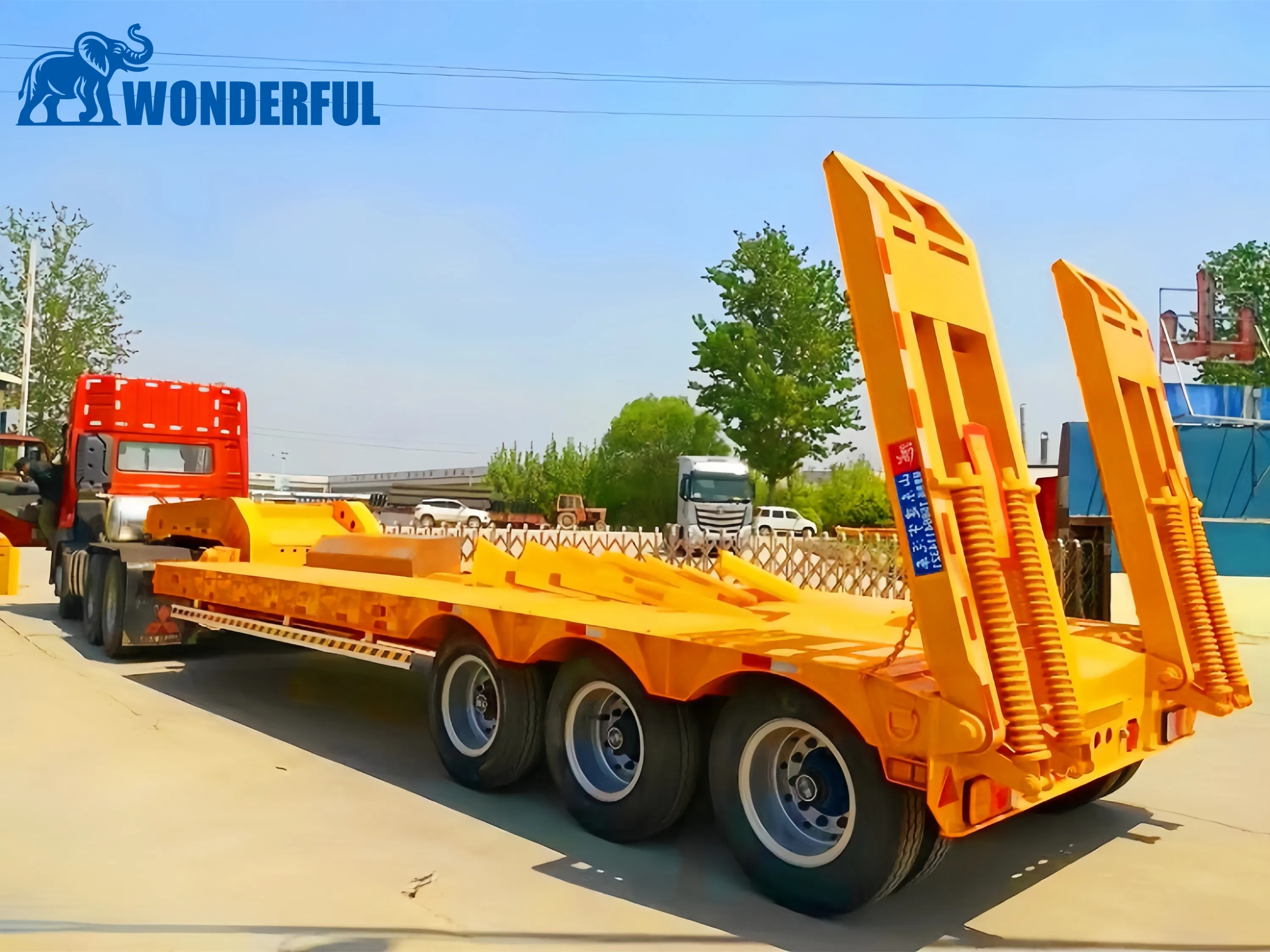 Triple Axle Sinotruck 90ton Capacity Width Ramps Dovetail Leveling Valve Flatbed Uhaul Double Drop Valve Vintage Unloading Low Loader Lowboy Semi Trailer