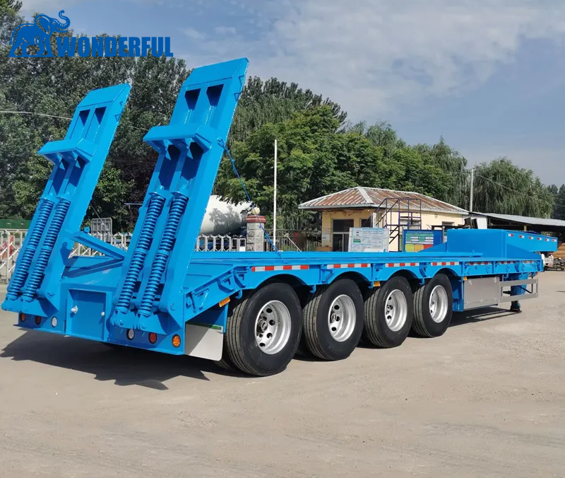 90tons Gooseneck 4 Axle Extendable Drop Low PRO Step Deck Over Dimensions Double Container Cattle Loader Beavertail Lowboy Low Deckover Profile Bed Semi Trailer