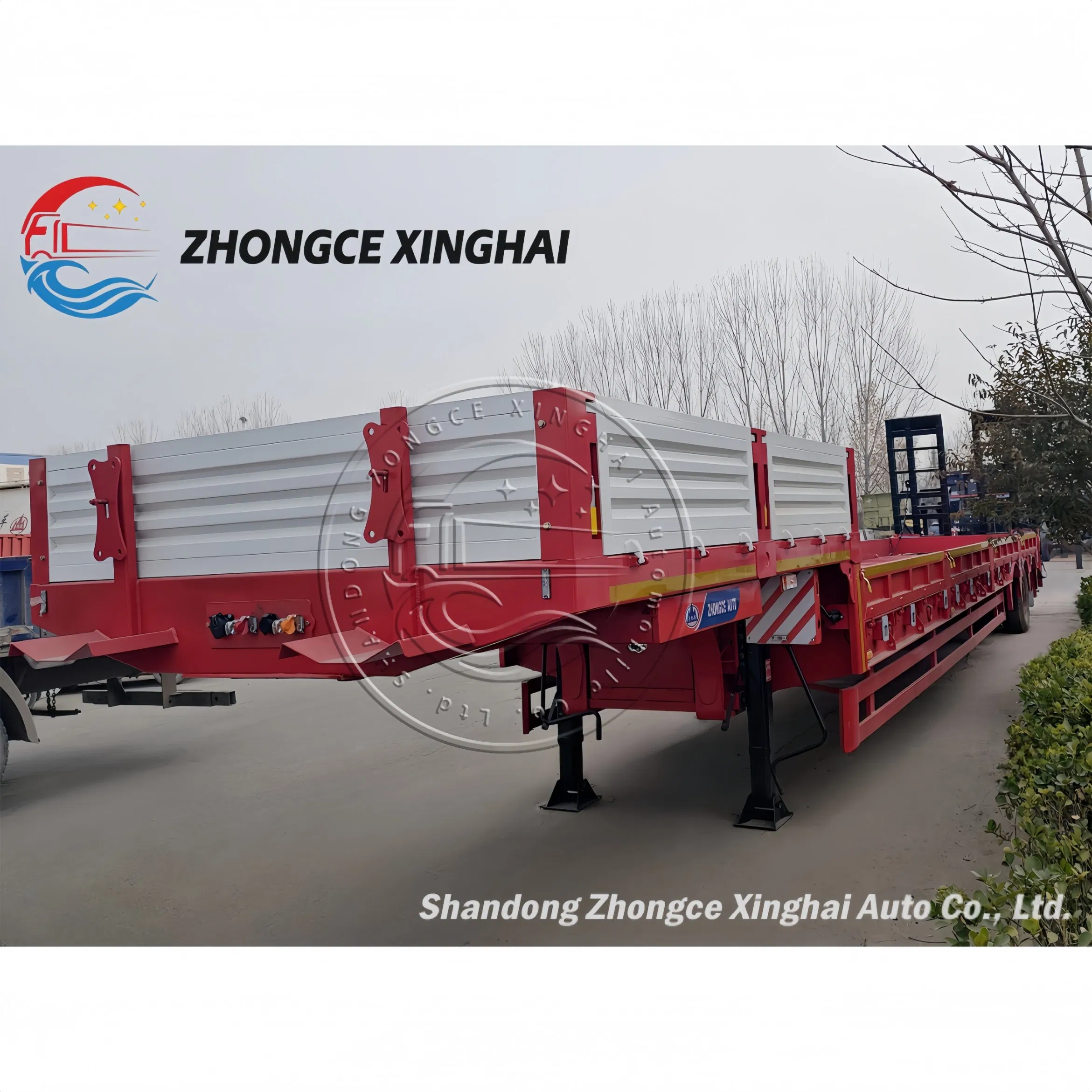 3 Axles 50 Ton Lowboy Flatbed Semi Trailer Utility Heavy-Duty Equipment Transport