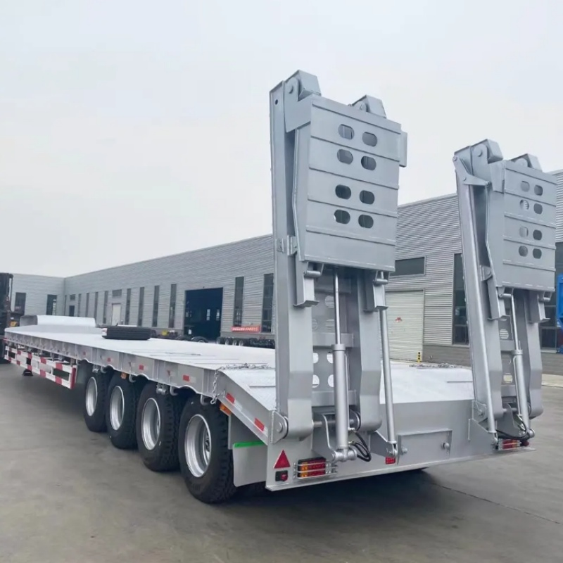 Heavy Duty 60ton 80ton 100ton Hydraulic Extendable 3 Axle 4 Axle Lowbed Semi Trailer Excavator Lowboy Truck Trailer Steel Flatbed Brake Available Sale