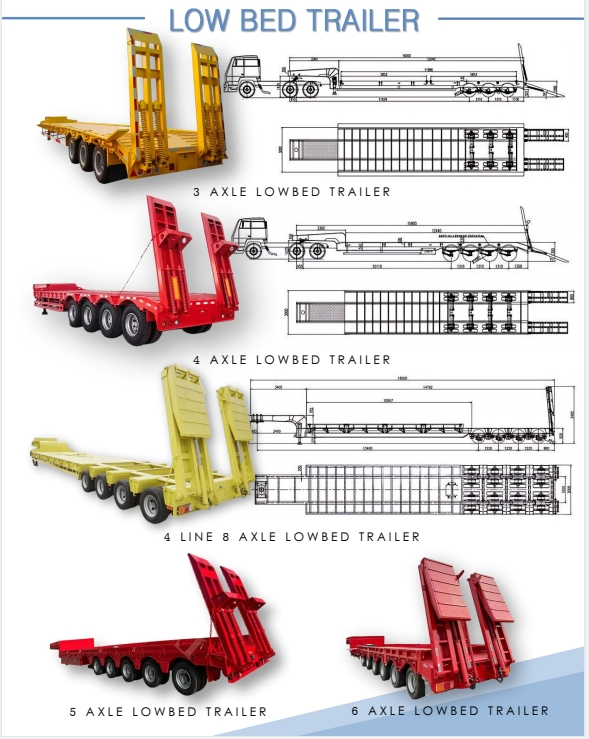Heavy Duty 60ton 80ton 100ton Hydraulic Extendable 3 Axle 4 Axle Lowbed Semi Trailer Excavator Lowboy Truck Trailer Steel Flatbed Brake Available Sale