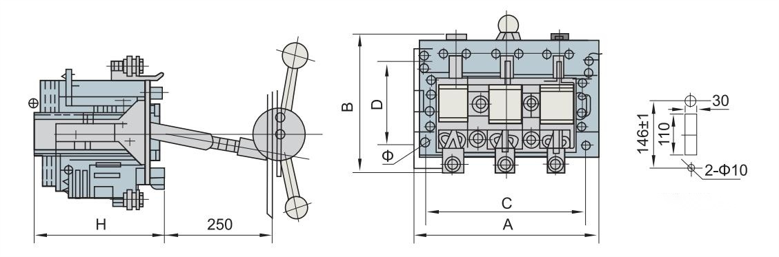 Appearance and installation dimensions of HR3/32 series fuse disconnector