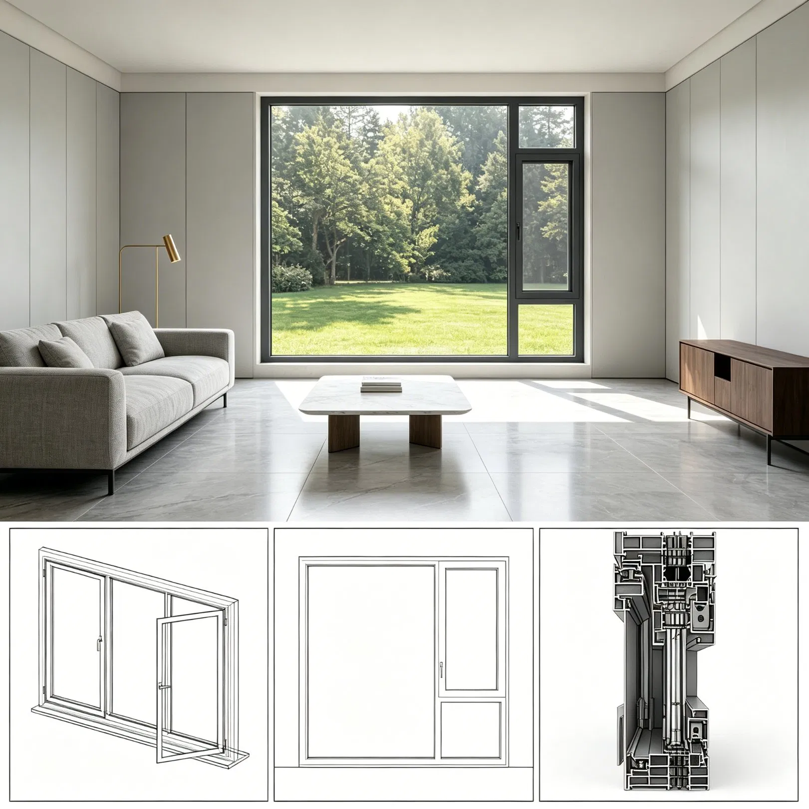 Ventana de villa grande de vidrio templado aislante y a prueba de sonido con marco negro delgado de aluminio minimalista y moderno