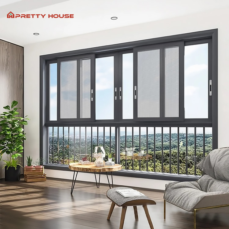 Ventanas deslizantes de aluminio negro con acristalamiento a prueba de sonido de alta calidad para residencias