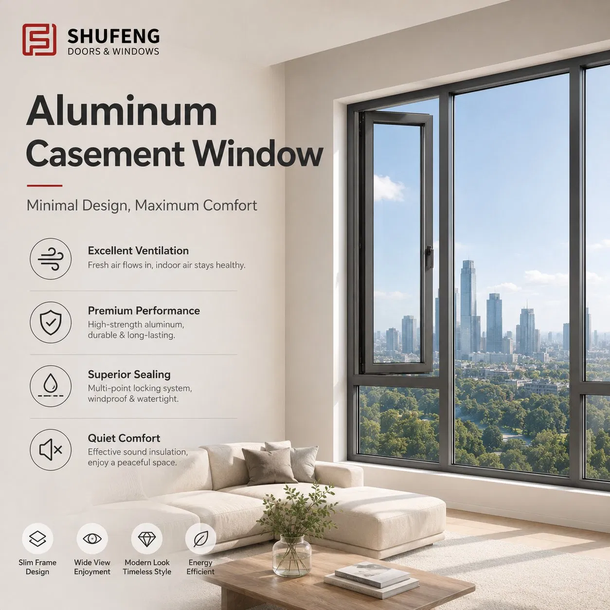 Ventana de casement exterior de aluminio doble acristalamiento arquitectónico residencial comercial personalizada premium duradera templada y eficiente en energía y a prueba de sonido