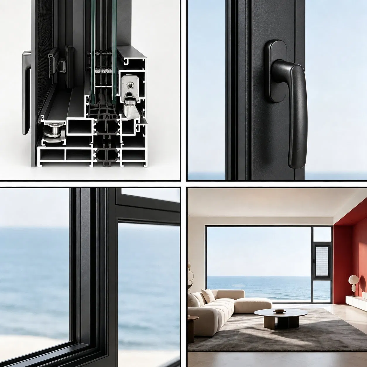 Ventana de villa grande de vidrio templado aislante y a prueba de sonido con marco negro delgado de aluminio minimalista y moderno