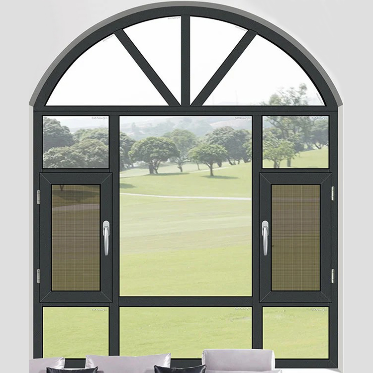 Ventana de doble apertura de aluminio con diseño de reja, arcos de madera antigua color madera con marco de casa