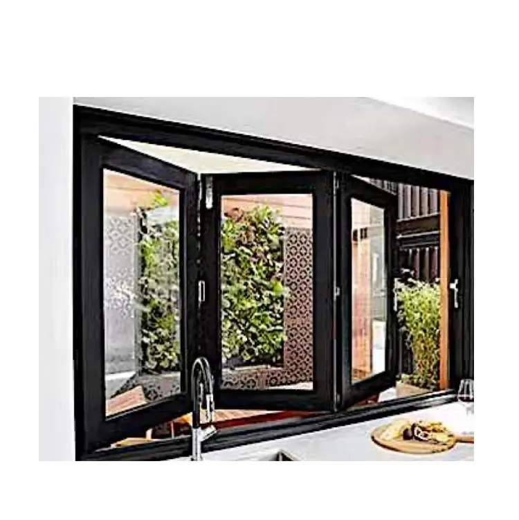 Ventana plegable vertical de vidrio doble acristalado antirrobo gris blanco negro con manija y cerradura de aluminio