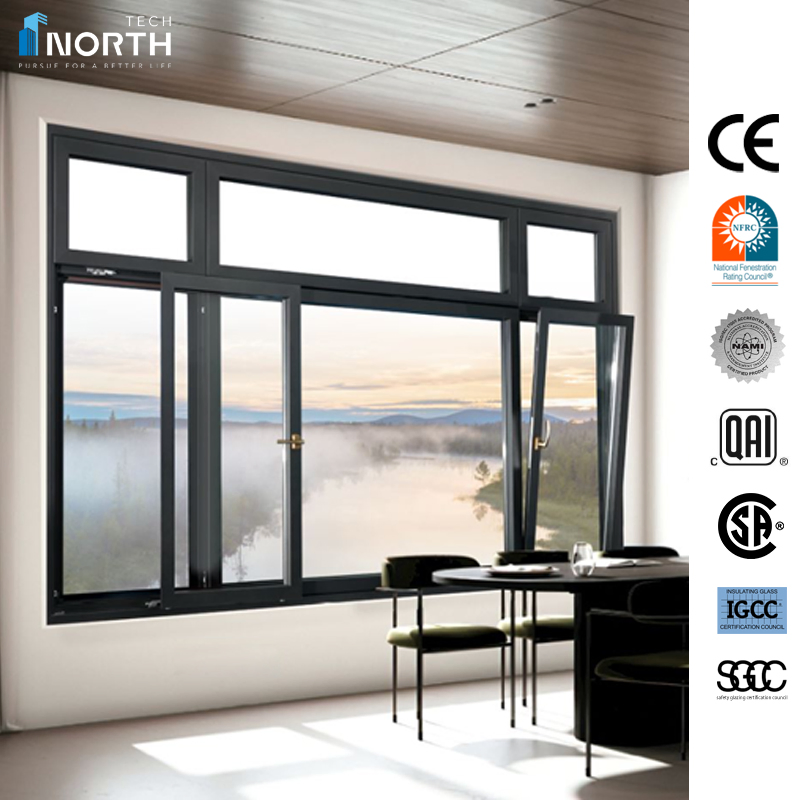 Ventana de aluminio de marco estrecho tipo toldo, oscilante y abatible, puertas de patio, balcón, elevación y deslizamiento, puertas bi-fold para casa