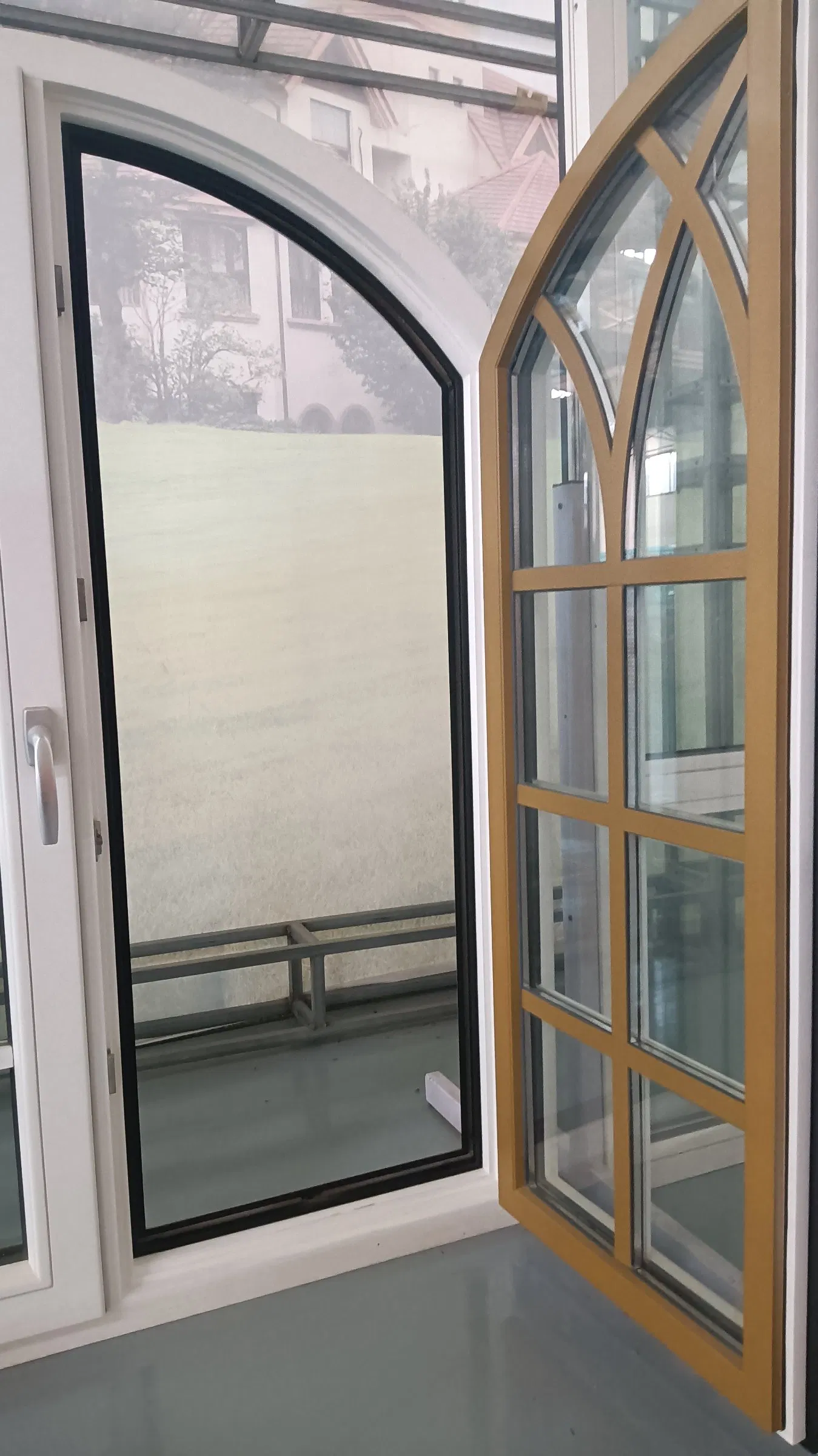 Diseño de Ventana Francesa de Madera Recubierta de Aluminio al por Mayor Ventana Arqueada con Patrón de Madera