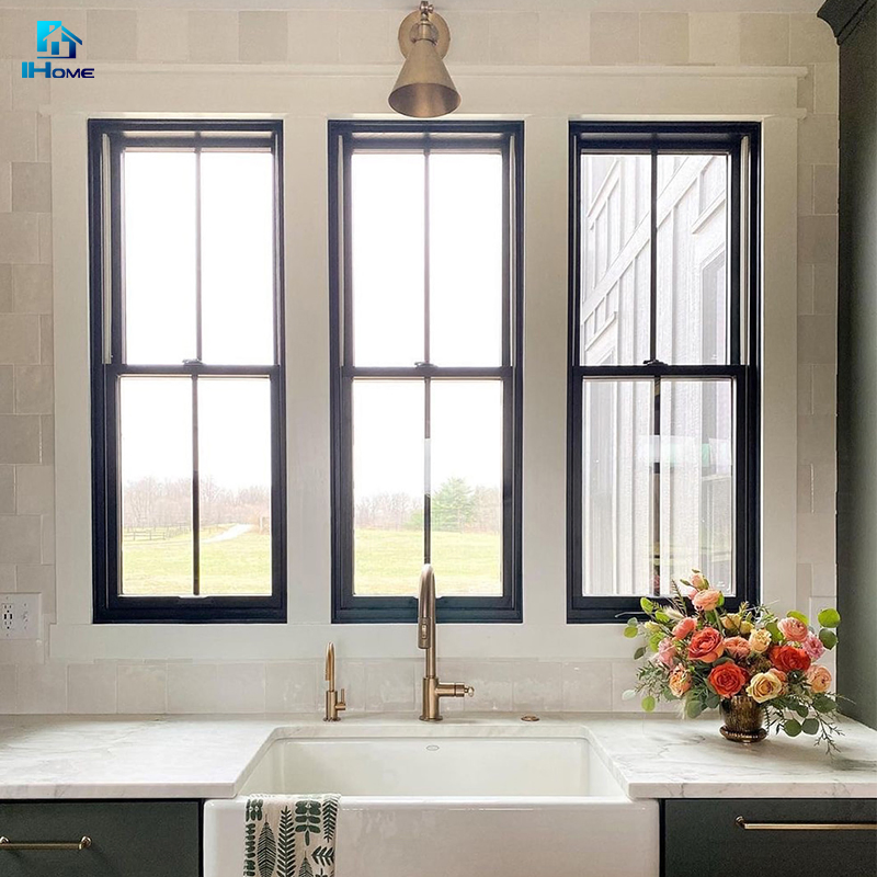 Diseño de reja de ventana de guillotina solo cocina colgados de aluminio de deslizamiento vertical deslizante de cristal de ventana toldo