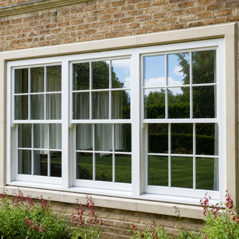 Ventana de aluminio de doble hoja con vidrio y rejilla de exterior negra