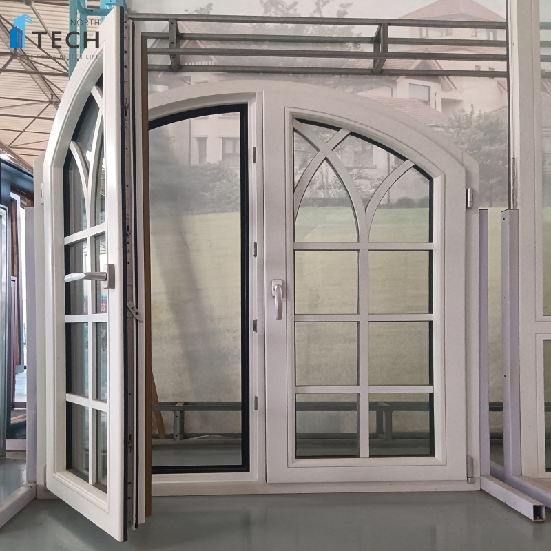 Diseño de Ventana Francesa de Madera Recubierta de Aluminio al por Mayor Ventana Arqueada con Patrón de Madera