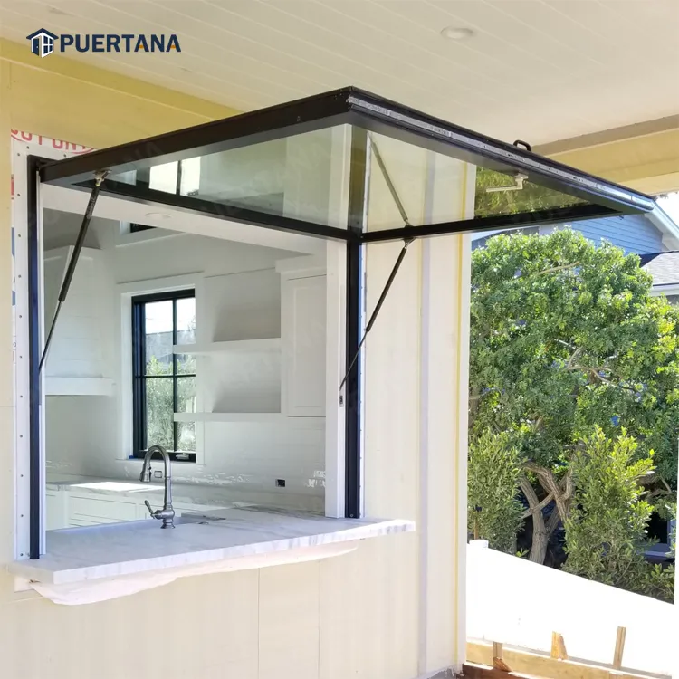 Ventanas de paso con estrías de gas de aluminio con ruptura térmica, ventana de awning abatible de aluminio colgante superior para barra de cocina