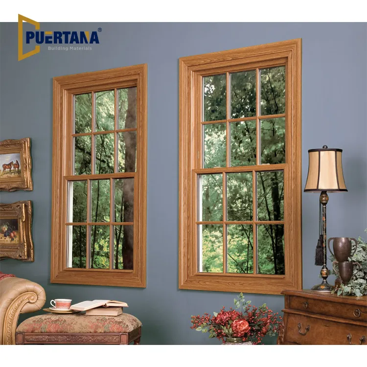 Ventanas de madera con revestimiento de aluminio en estilo colonial, ventanas de doble y simple hoja deslizante vertical para casa de campo