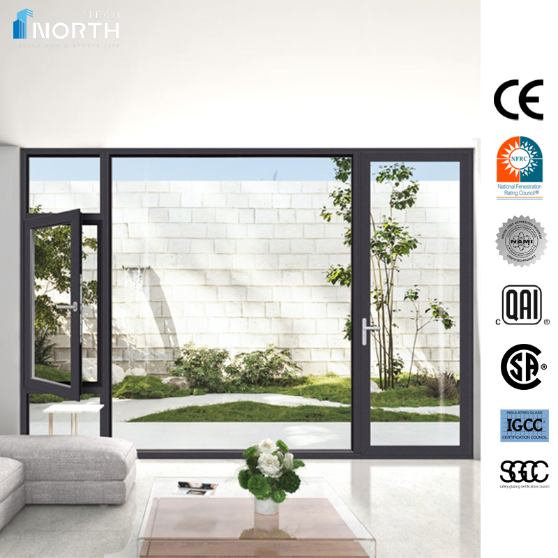 Ventana de aluminio de marco estrecho tipo toldo, oscilante y abatible, puertas de patio, balcón, elevación y deslizamiento, puertas bi-fold para casa