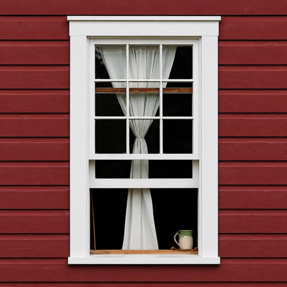Ventana de aluminio de doble hoja con vidrio y rejilla de exterior negra