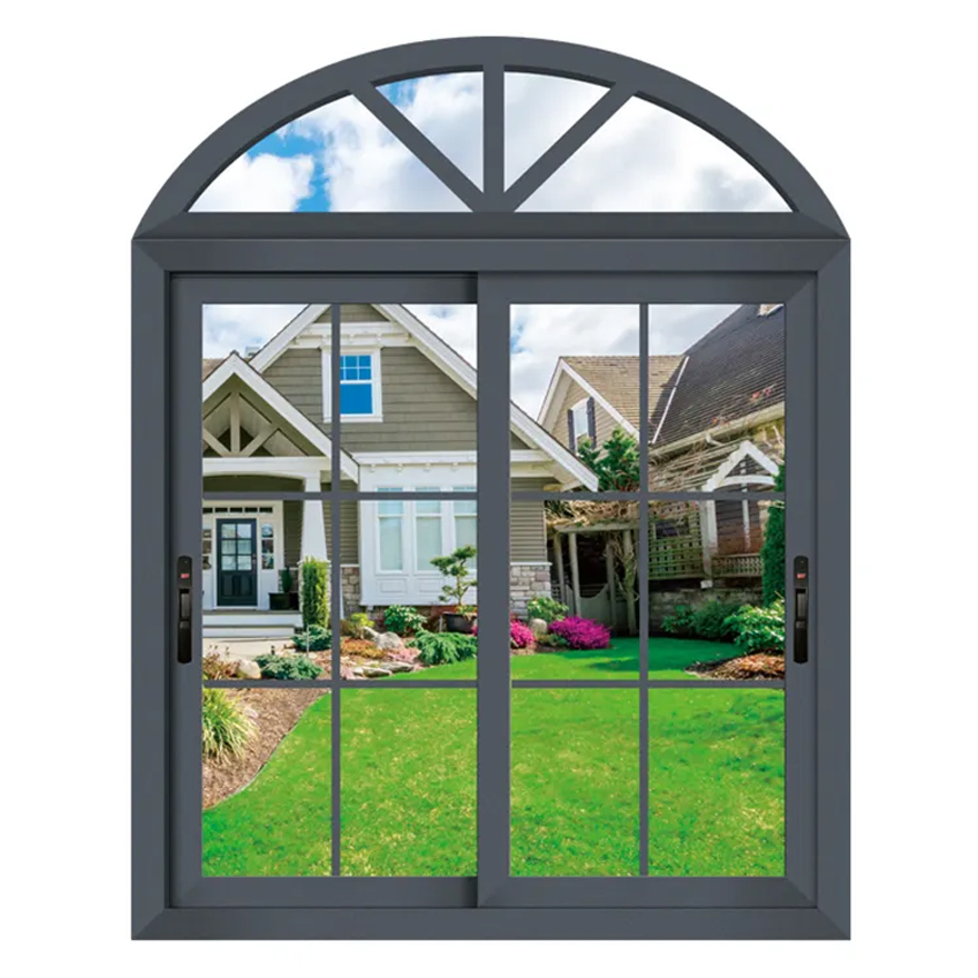 Diseño de Ventanas Arqueadas de Aluminio con Marco Francés para Casa Exterior, Ventana Casement Semiarco Grande de Aluminio con Reja
