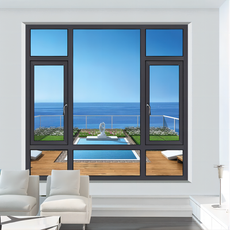 Ventana de doble arco con marco de aluminio y apertura interior y exterior