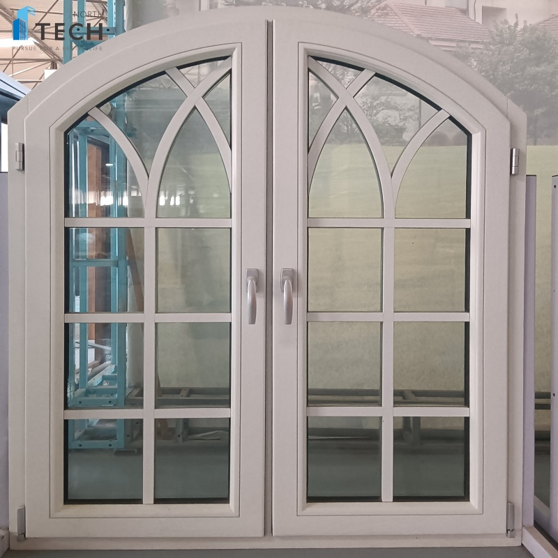 Diseño de Ventana Francesa de Madera Recubierta de Aluminio al por Mayor Ventana Arqueada con Patrón de Madera