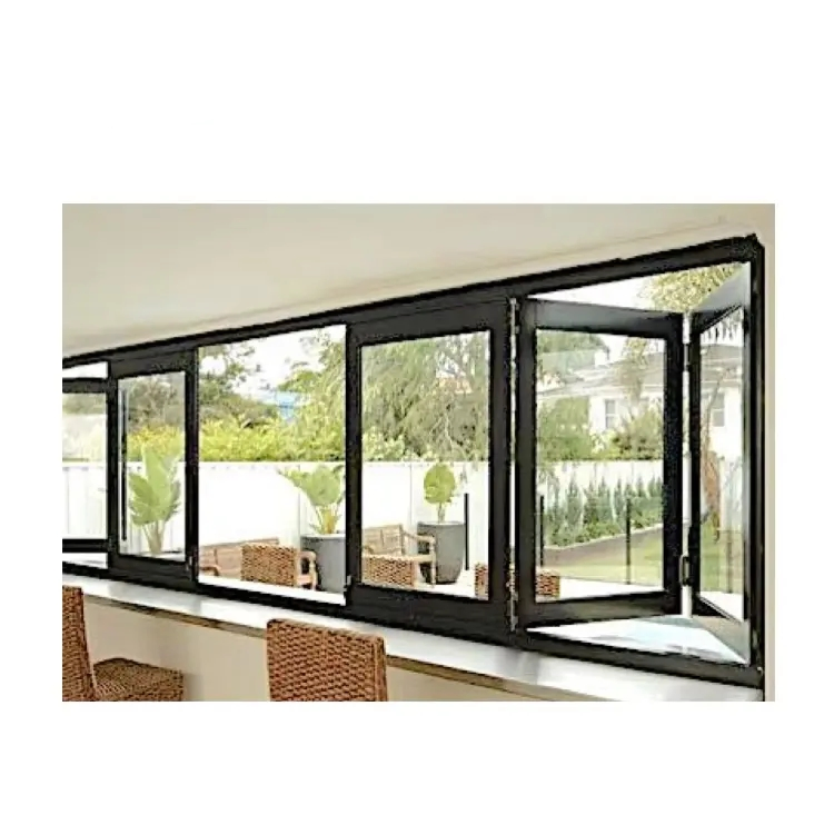 Ventana plegable vertical de vidrio doble acristalado antirrobo gris blanco negro con manija y cerradura de aluminio