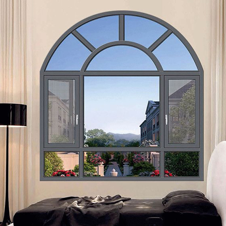 Ventana de doble apertura de aluminio con diseño de reja, arcos de madera antigua color madera con marco de casa