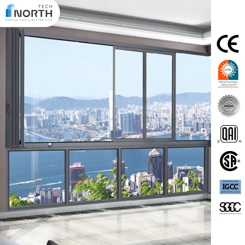 Ventana de aluminio de marco estrecho tipo toldo, oscilante y abatible, puertas de patio, balcón, elevación y deslizamiento, puertas bi-fold para casa
