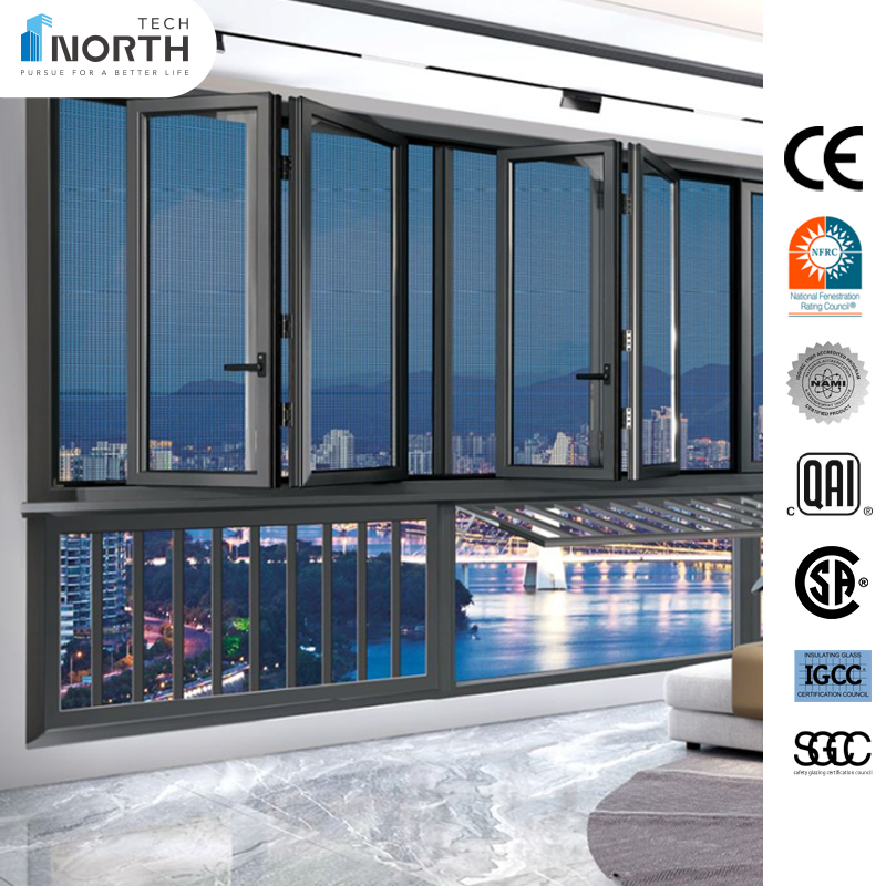 Ventana de aluminio de marco estrecho tipo toldo, oscilante y abatible, puertas de patio, balcón, elevación y deslizamiento, puertas bi-fold para casa