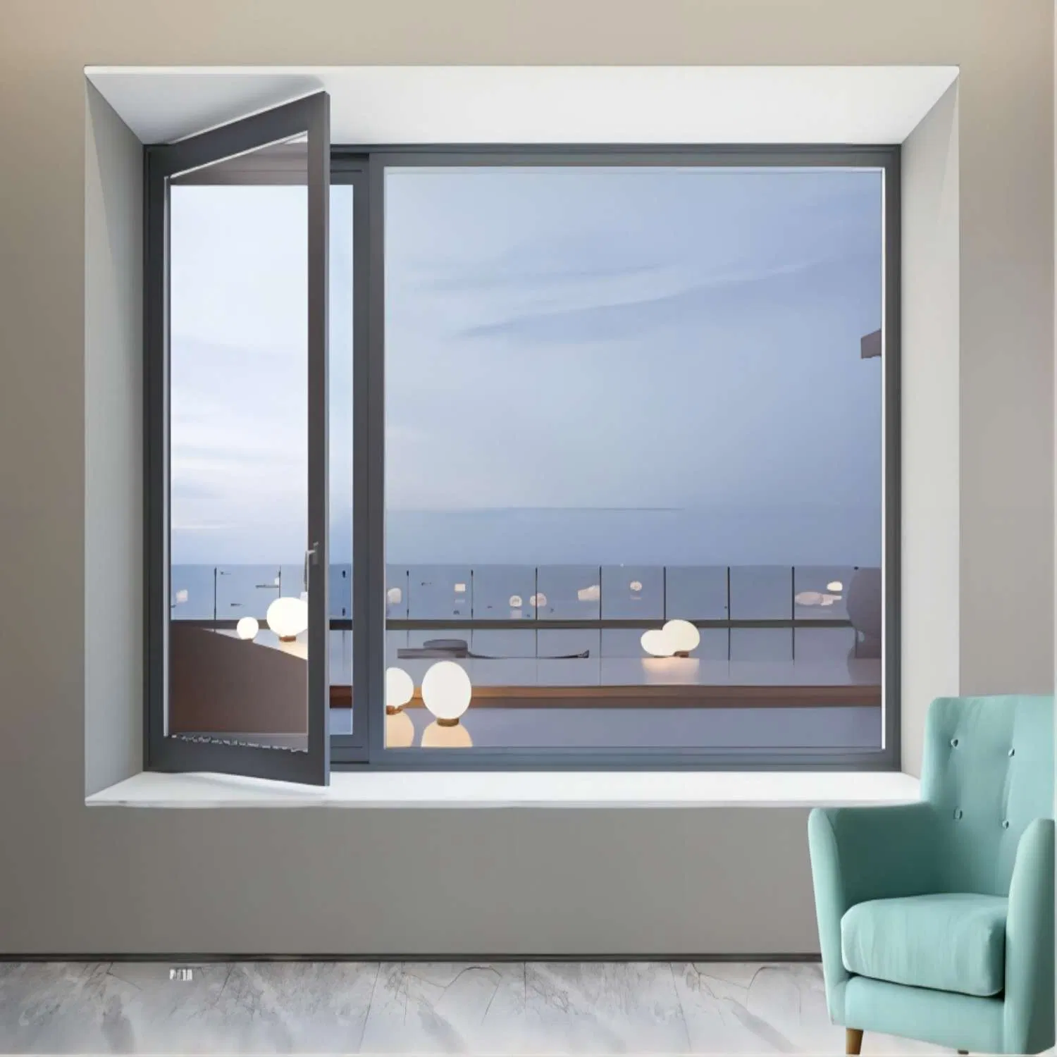 Nuevo diseño moderno popular de alta calidad ventanas de vidrio doble acristaladas con aislamiento térmico, gran ventana de bahía, ventana de casement de aluminio oscilobatiente para sala de estar y balcón