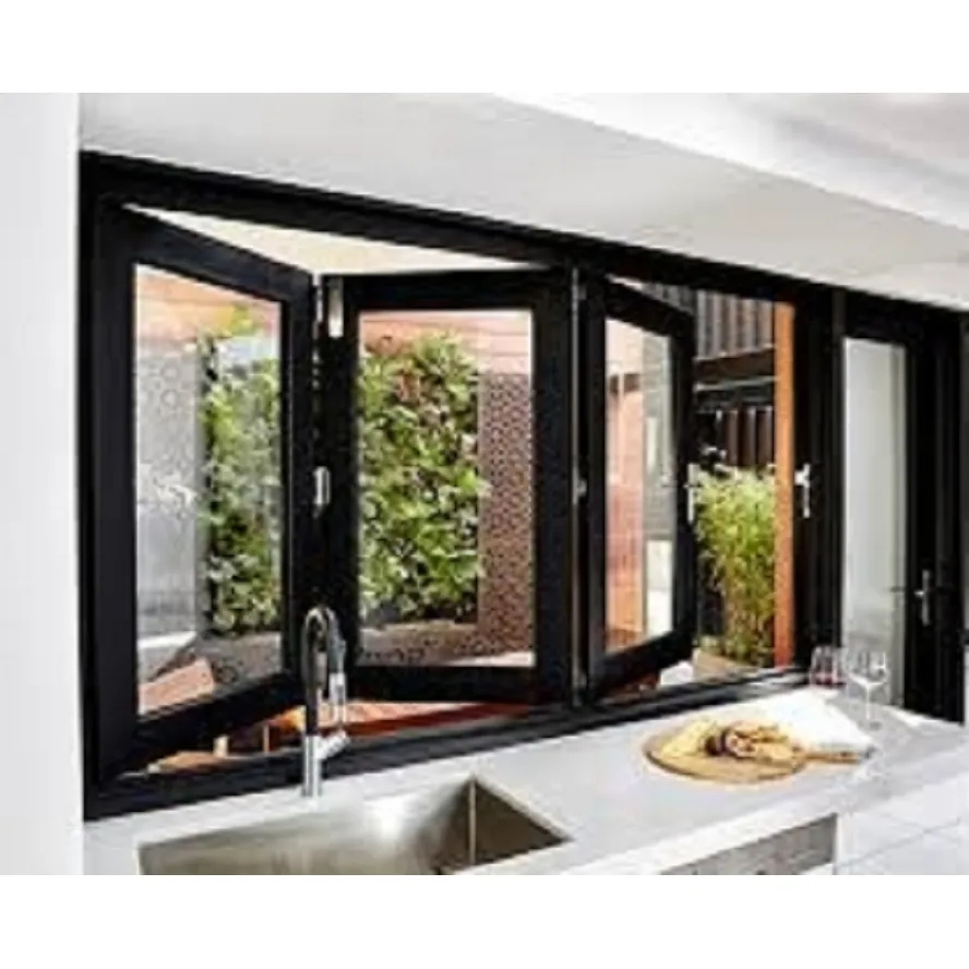 Ventana plegable vertical de vidrio doble acristalado antirrobo gris blanco negro con manija y cerradura de aluminio