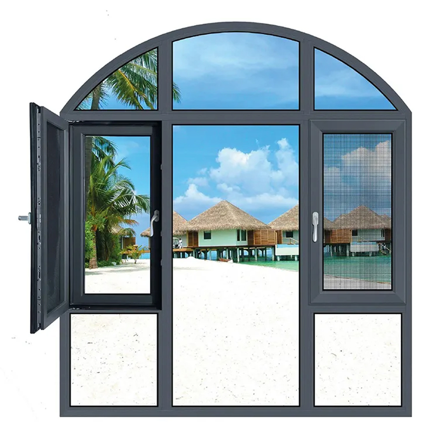 Diseño de Ventanas Arqueadas de Aluminio con Marco Francés para Casa Exterior, Ventana Casement Semiarco Grande de Aluminio con Reja