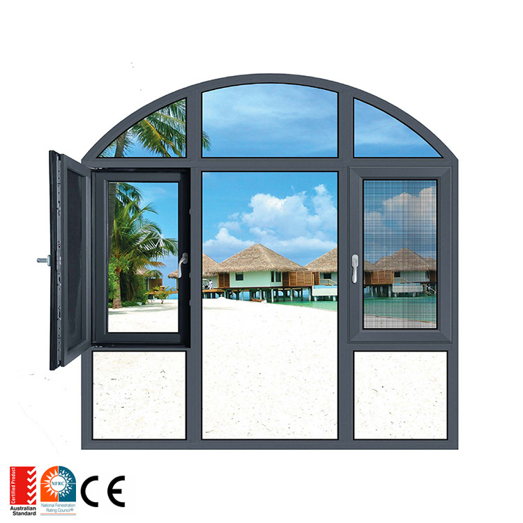 Ventanas de vidrio redondas de aluminio con triple acristalamiento y ruptura térmica blanca para casas, ventana exterior de aluminio con parte superior arqueada