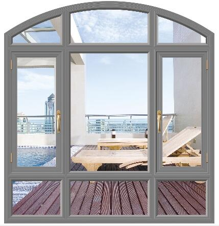 Ventana de cristal con bisagra de aluminio recubierto en polvo, con parte superior arqueada, impermeable y a prueba de sonido