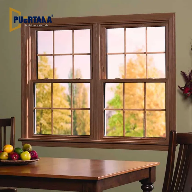 Ventanas de madera con revestimiento de aluminio en estilo colonial, ventanas de doble y simple hoja deslizante vertical para casa de campo
