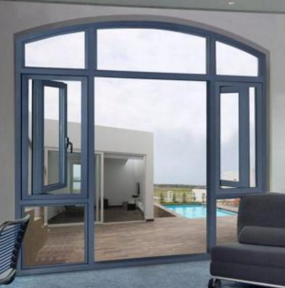Ventana de cristal con bisagra de aluminio recubierto en polvo, con parte superior arqueada, impermeable y a prueba de sonido