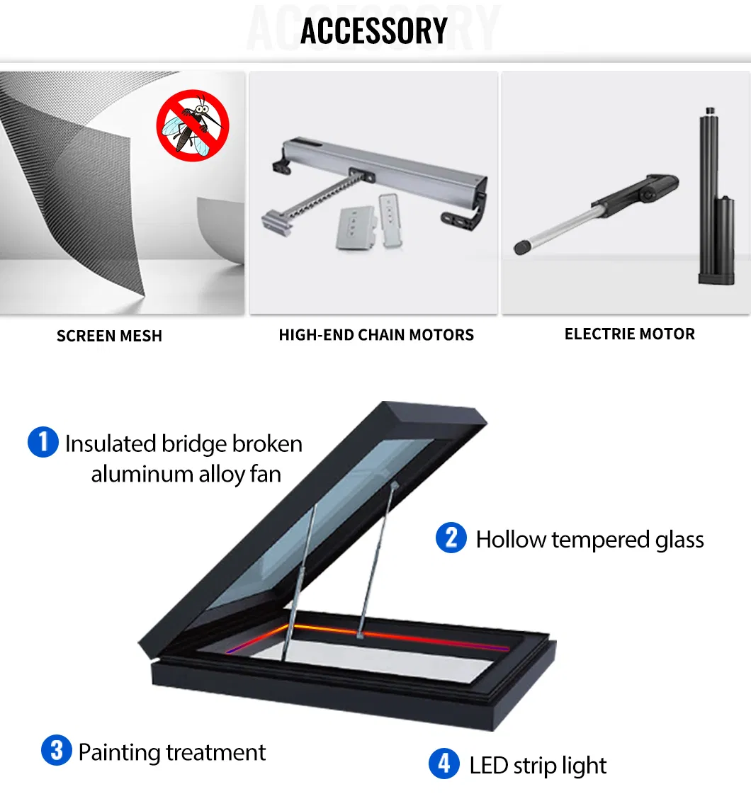 Ventanas de tragaluz de aluminio arquitectónico con apertura eléctrica para conversión de ático, certificadas por CSA, con soporte para pedidos al por mayor y diseño impermeable
