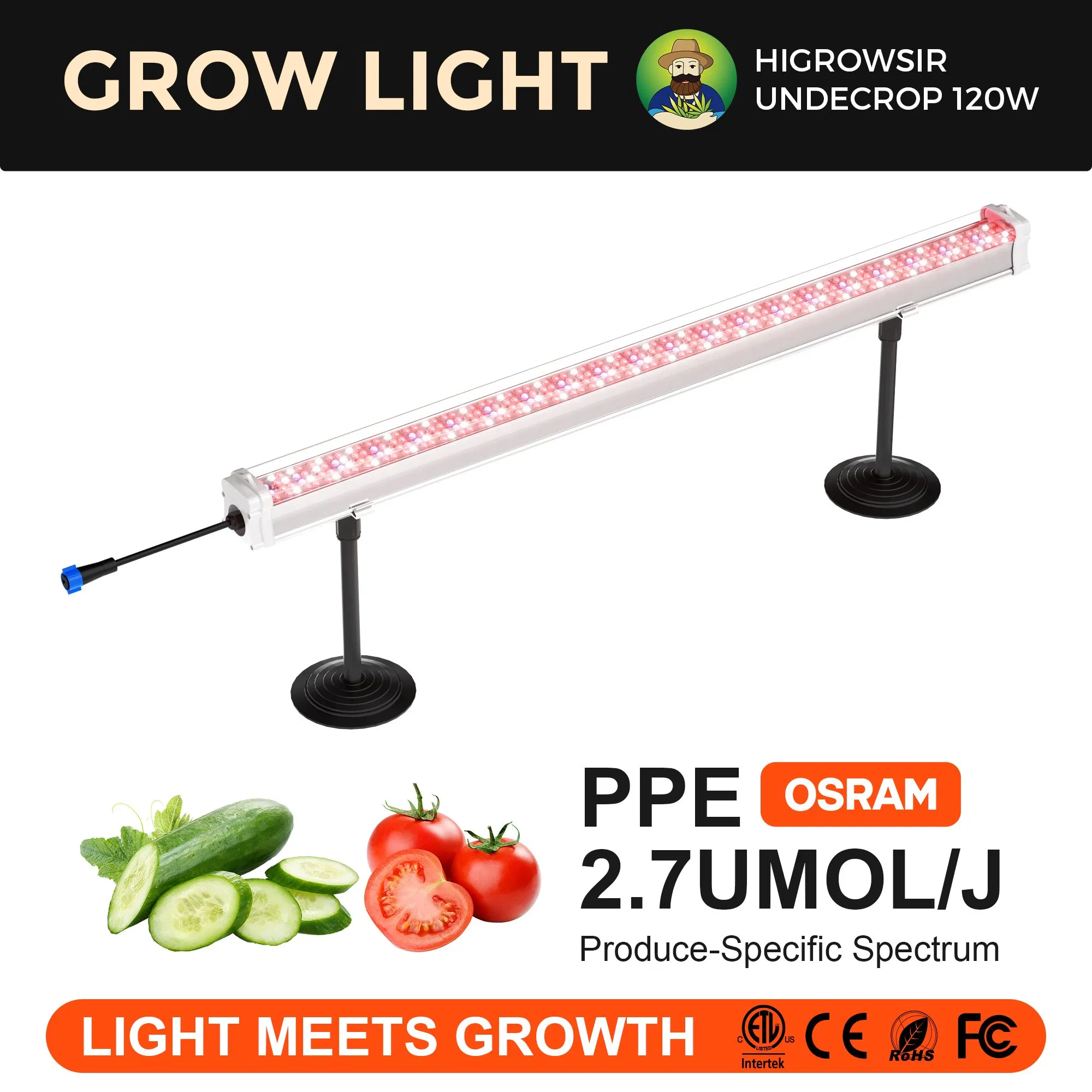 LED Grow Light ETL Listed 120W Full Spectrum 2.7umol/J for Under-Canopy Supplemental Lighting
