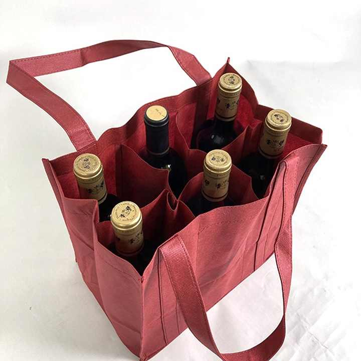 Custom Reusable Dark Red Single Non Woven Wine Gift Tote Bag Non-Woven Wine Bottle Carrier Bag with Handles