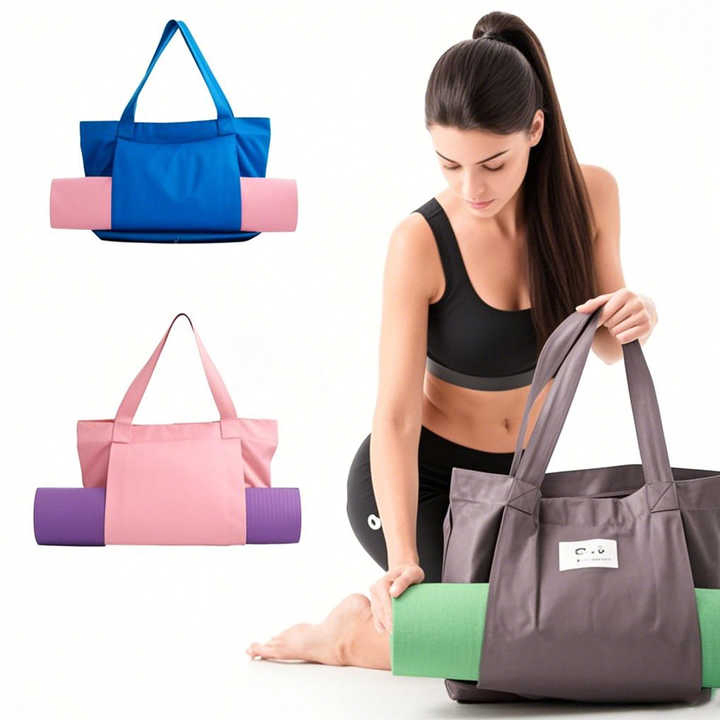 Custom Logo Large Yoga Accessories Gym Cotton Beach Shoulder Canvas Yoga Tote Bag with Yoga Mat Carrier