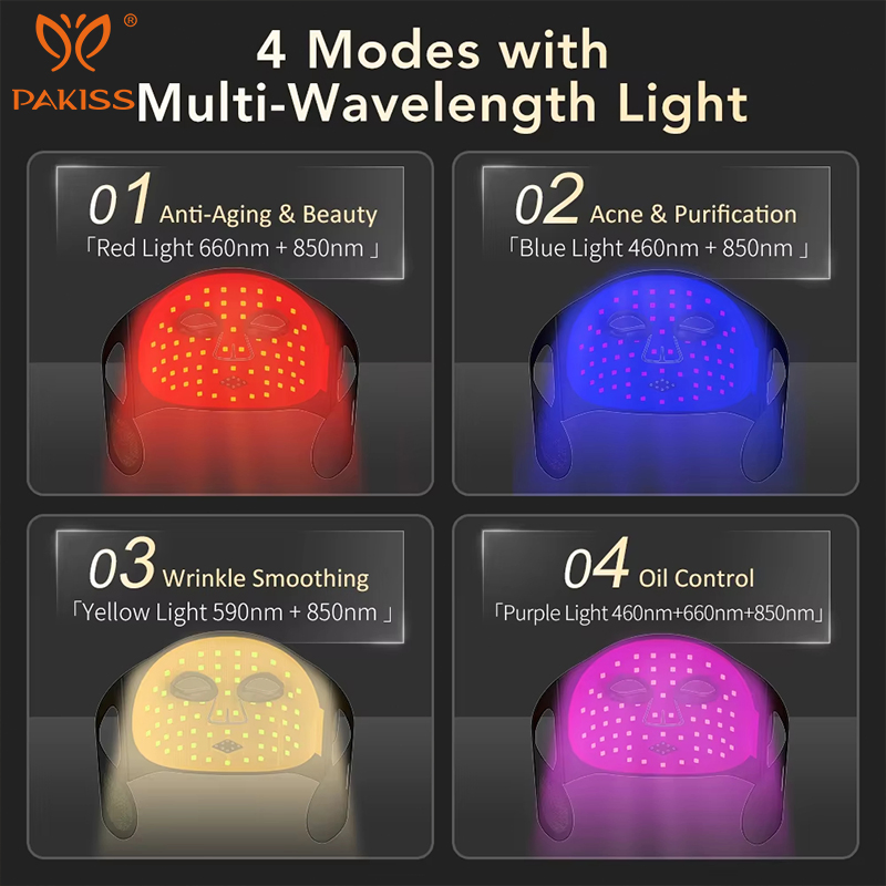 Pakiss Custom OEM/ODM LED Skin Care Mask 4 Color LED Anti Aging Mask for Skin Rejuvenation