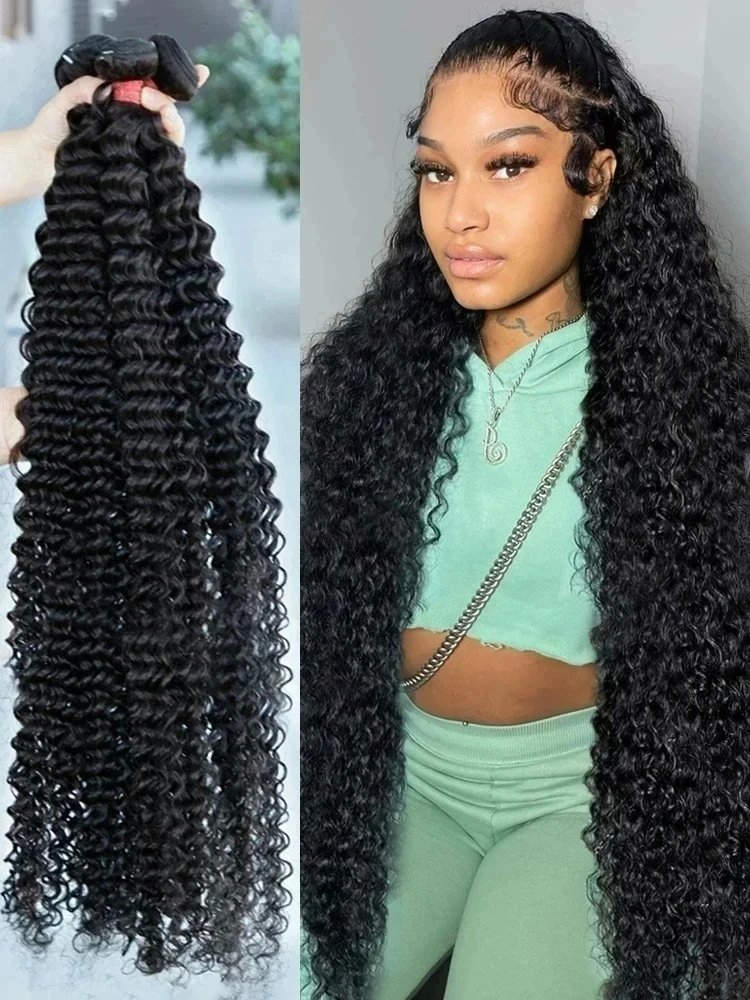 Sleek Wholesale High Quality Deep Wave Human Hair Weft Weaving Cambodian Unprocessed Human Hair 6 to 30 Inches Long Natural Black Weft Bouncy Wavy Hair Bundles