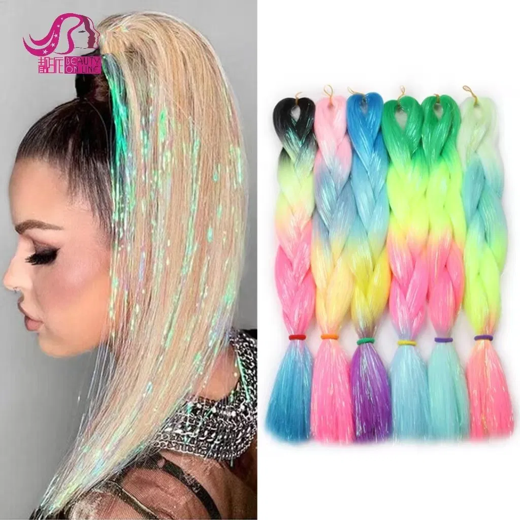 Wholesale Synthetic Glitter Braiding Hair Mixed with Tinsel, OEM &amp; ODM Jumbo Braid Hair with Tinsel