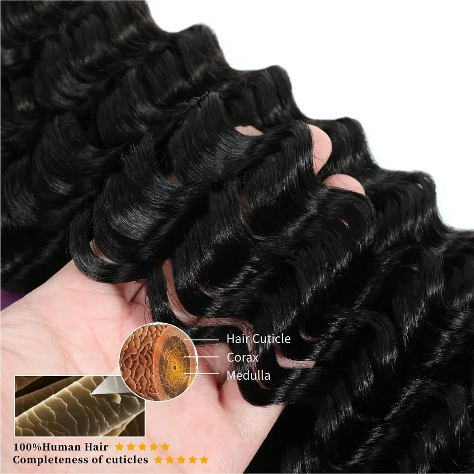 Sleek Wholesale High Quality Deep Wave Human Hair Weft Weaving Cambodian Unprocessed Human Hair 6 to 30 Inches Long Natural Black Weft Bouncy Wavy Hair Bundles