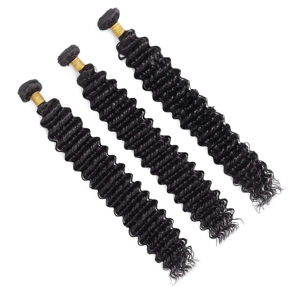 Sleek Wholesale High Quality Deep Wave Human Hair Weft Weaving Cambodian Unprocessed Human Hair 6 to 30 Inches Long Natural Black Weft Bouncy Wavy Hair Bundles