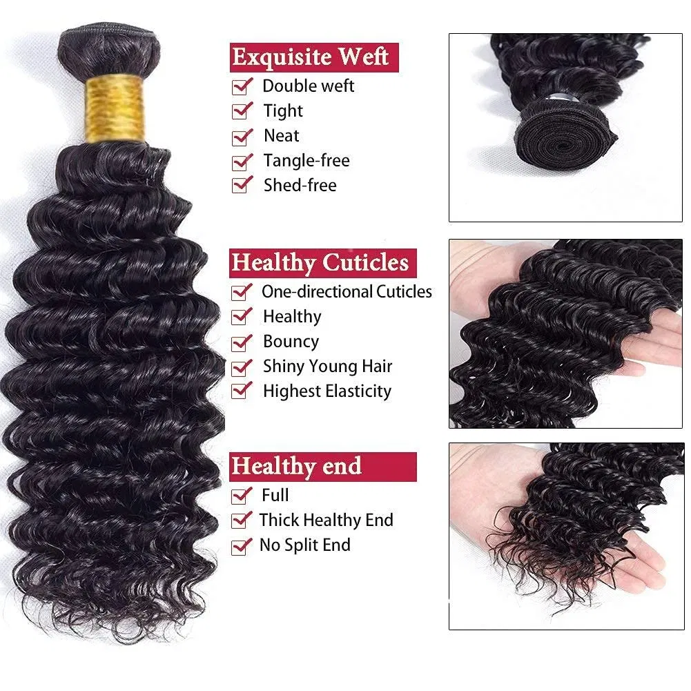 Sleek Wholesale High Quality Deep Wave Human Hair Weft Weaving Cambodian Unprocessed Human Hair 6 to 30 Inches Long Natural Black Weft Bouncy Wavy Hair Bundles