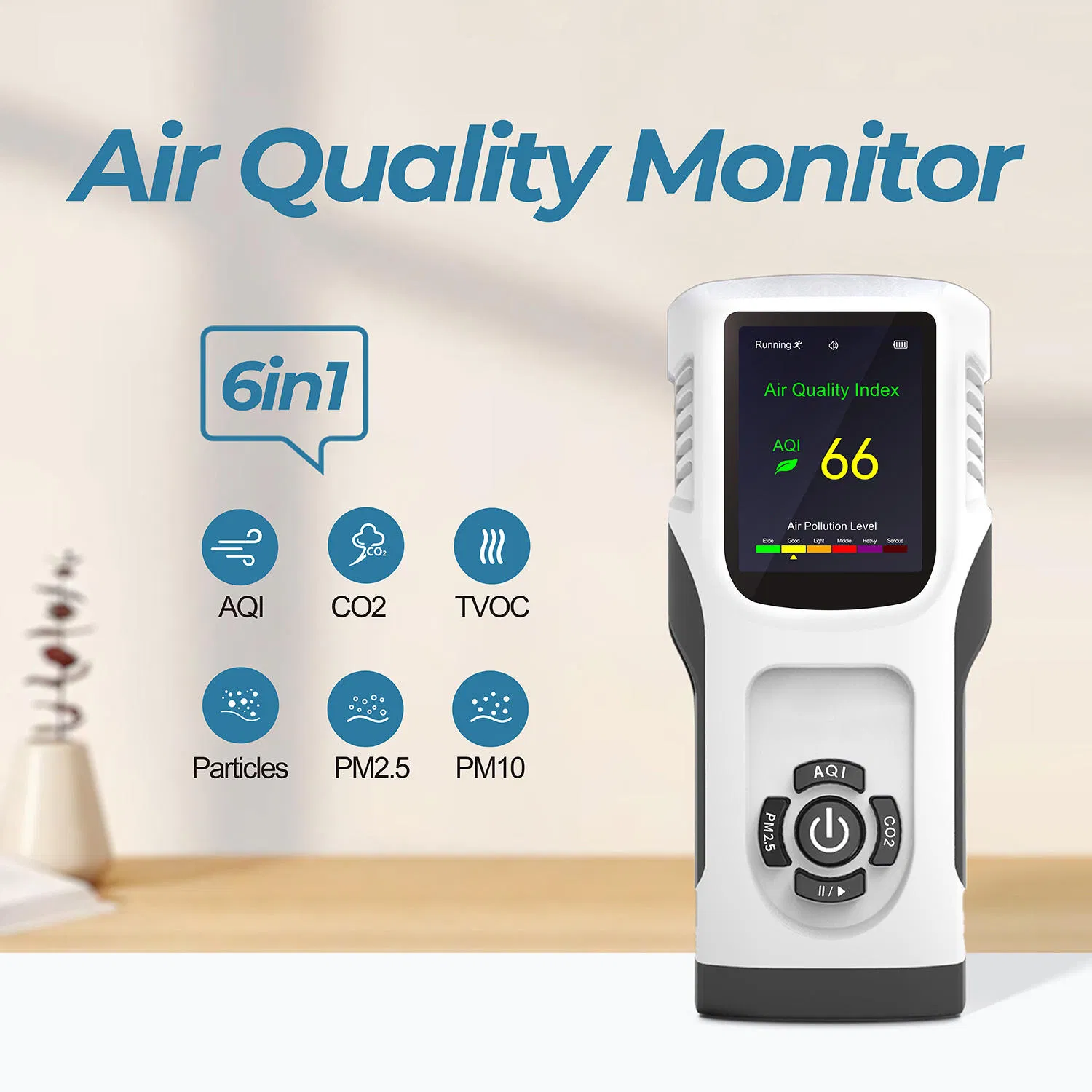 6-in-1 Pm2.5/Pm10 Tvoc Aqi CO2 Monitor Portable Indoor Air Quality Meter Tester