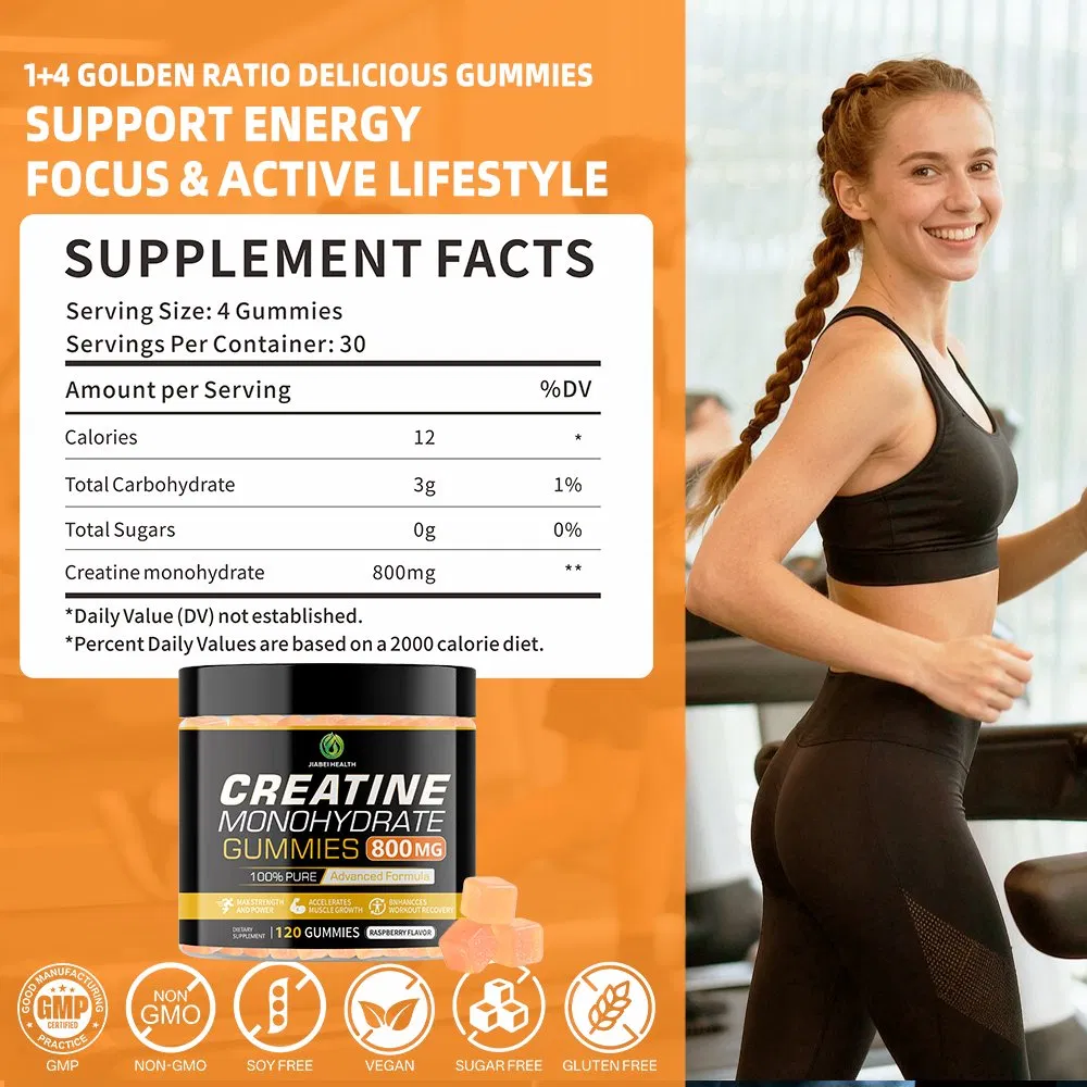 Gominolas de creatina de sabor frambuesa, naturalmente no transgénicas y sin azúcar, al por mayor, para la saturación muscular y la reposición de nutrientes
